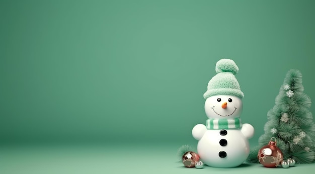 Weihnachtshintergrund mit Schneemann auf grünem Hintergrund