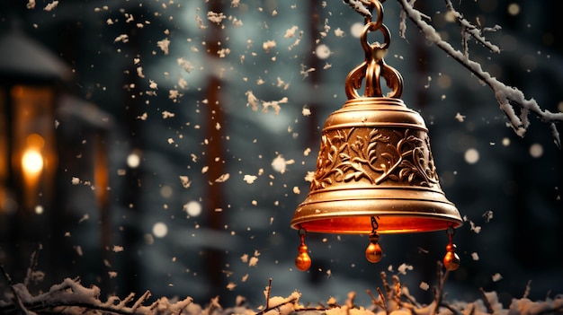 Weihnachtshintergrund mit schönem Dekor, Ast und goldener Glocke