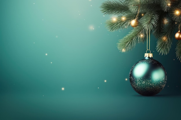 Weihnachtshintergrund mit Tannenbaum und festlicher Dekoration auf blauem Boden Foto mit Kopierplatz