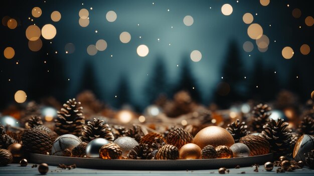 Weihnachtshintergrund mit Tannenzapfen und von der KI generierten Lichtern