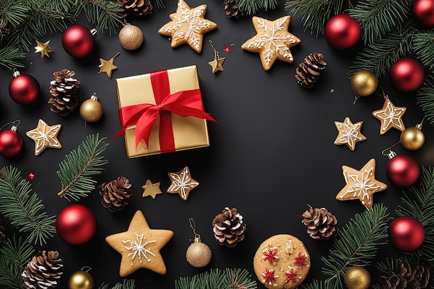 Weihnachtshintergrund mit Tannenzweigen, goldenen Kugeln, Sternen und Weihnachtsdekorationen auf schwarzem Hintergrund