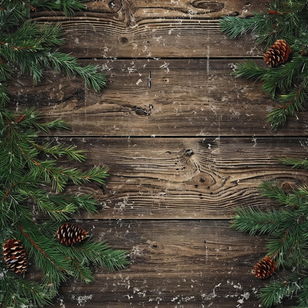 Weihnachtshintergrund mit Tannenzweigen, Kiefern und Schnee auf Holzbrett