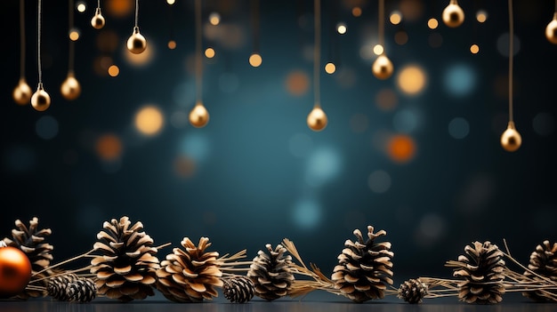 Weihnachtshintergrund mit Tannenzweigen, Tannenzapfen und Lichtern, die von der KI generiert wurden