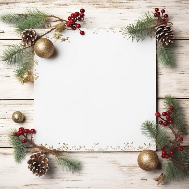 Weihnachtshintergrund mit weißem Papier und Kiefernkegeln auf einem Holztisch