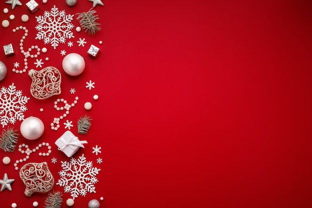 Weihnachtshintergrund mit weißer Dekorationsgrenze auf rotem Kopienraum.