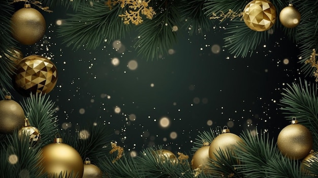 Weihnachtshintergrund von Ästen mit Goldkugeln Generative KI