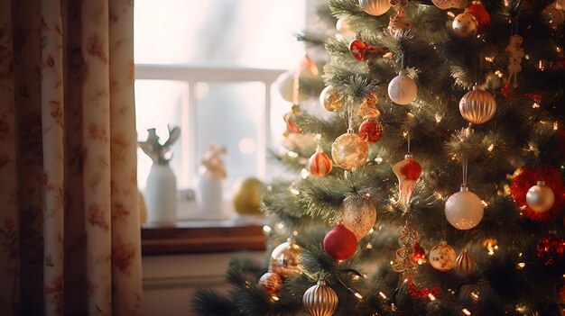 Weihnachtshintergrund Weihnachtsbaum mit Bällen im gemütlichen Interieur