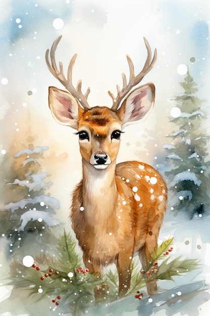 Weihnachtshirsch unter Schneebäumen Winterzeit Aquarell-Illustration