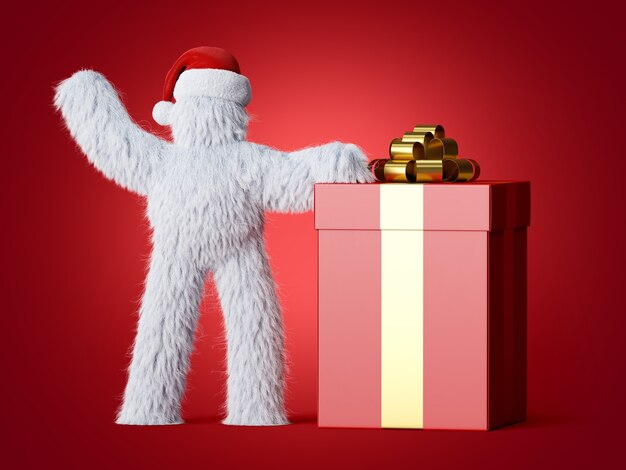 Weihnachtsillustration mit weißem haarigem Yeti in der Weihnachtsmannmütze und der großen Geschenkbox