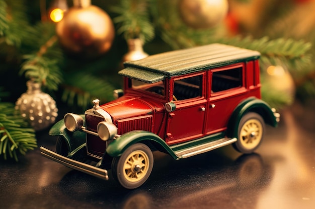 Foto weihnachtsillustration retro-auto winterferien-spielzeugwagen auf dem hintergrund des weihnachtenbaums