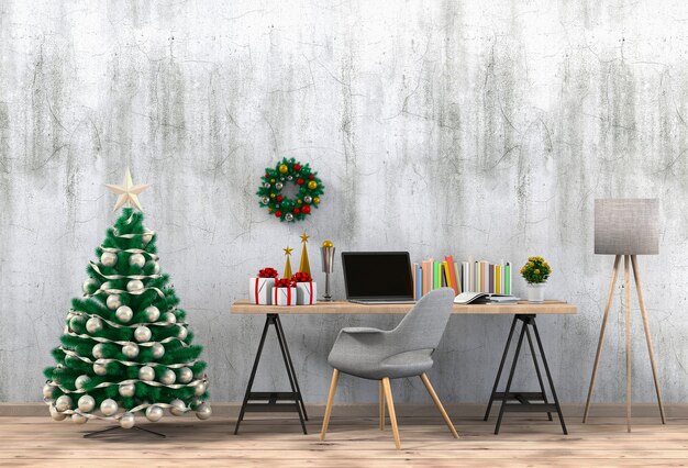 Weihnachtsinnenarbeitsplatz mit Computer. 3D-Rendering