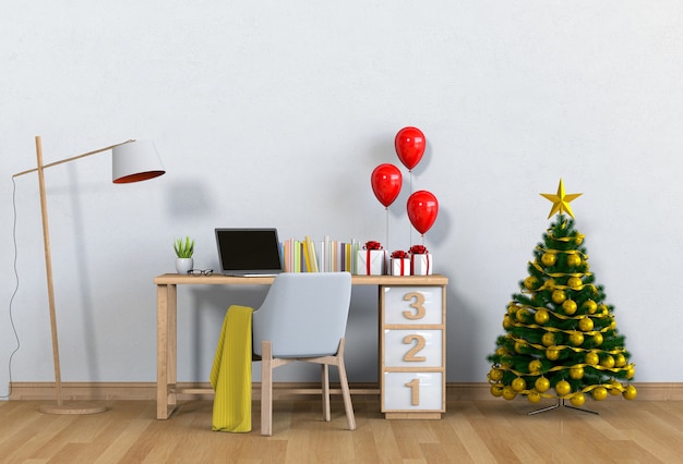 Weihnachtsinnenarbeitsplatz mit Computer. 3D-Rendering