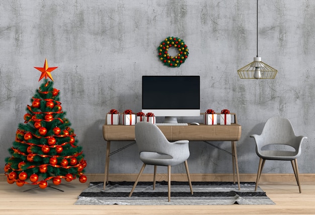 Weihnachtsinnenarbeitsplatz mit Computer. 3D-Rendering