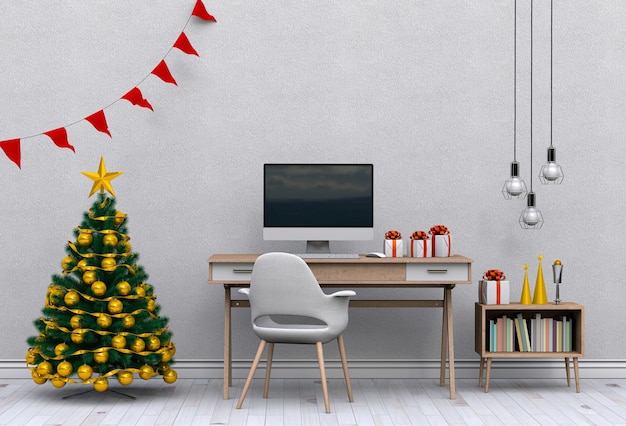 Weihnachtsinnenarbeitsplatz mit Computer. 3D-Rendering