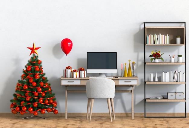 Weihnachtsinnenarbeitsplatz mit Computer. 3D-Rendering