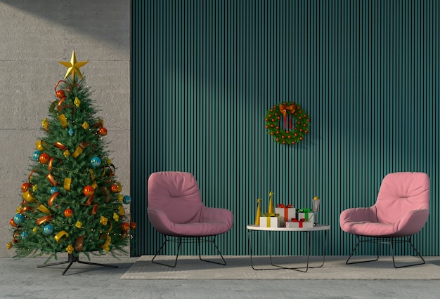 Weihnachtsinnenwohnzimmer. 3D-Rendering