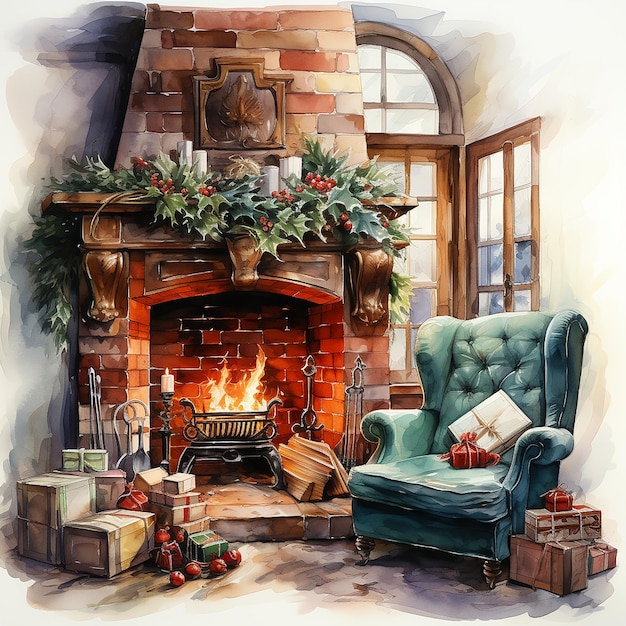 Weihnachtsinterieur mit Kamin-Aquarell