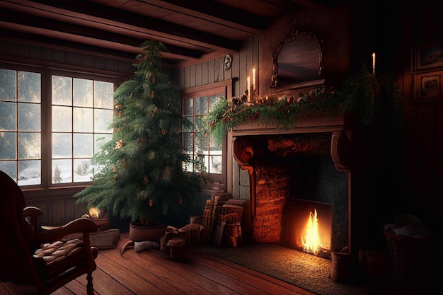 Weihnachtsinterieur mit Kamin, Weihnachtsmann, Weihnachtsbaum, Geschenken, Fenster mit Winterlandschaft. Illustration.