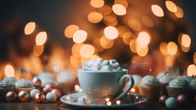 Weihnachtskaffee mit Dekorationskugeln und Lichtern generativer ai