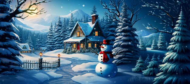 Weihnachtskarte mit einem Schneemann vor schneebedeckten Häusern im Wald in der Weihnachtennacht KI-Generation
