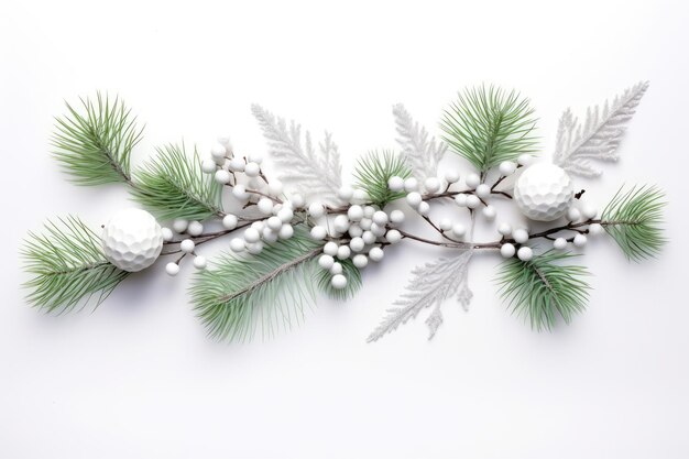 Foto weihnachtskarte mit einem verschneiten zweig mit dekoration auf weißem hintergrund generative ki