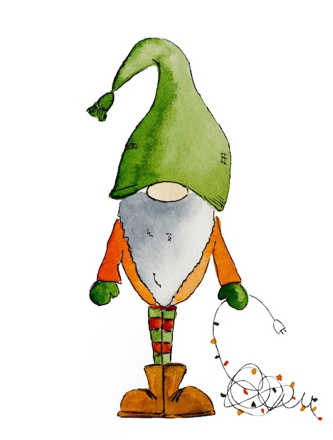 Weihnachtskarte mit künstlerischem Zwerg Weihnachtsmann-Helfer in grünem Hut, der Neujahrslichter hält, die mit Aquarell bemalt sind Weihnachtsfestliche Kunst mit Aquarell gezeichnet