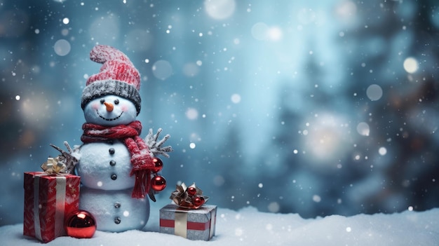 Weihnachtskarte mit Schneemann und Geschenken Generative KI