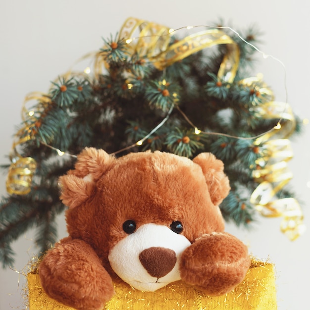 Weihnachtskarte mit Teddy Bear auf Geschenktüte.