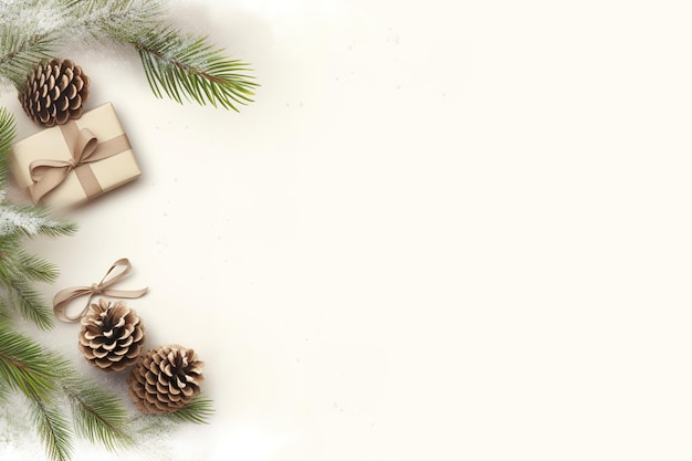 Weihnachtskarten-Attrappe mit Geschenkbox-Tannenzweigen und gemütlichem Hintergrund. Minimalistischer Stil in Weiß und Beige