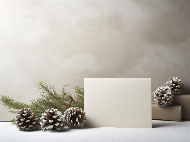 Weihnachtskarten-Attrappe mit Geschenkbox-Tannenzweigen und gemütlichem Hintergrund. Minimalistischer Stil in Weiß und Beige