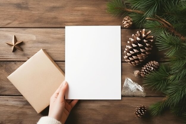 Foto weihnachtskarten-mockup hand hält leere grußkarten auf dem hintergrund von weihnachten-papiersternen