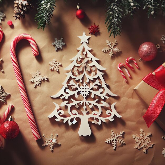 Weihnachtskartenbaum und Zuckerrohr auf Papierhintergrund