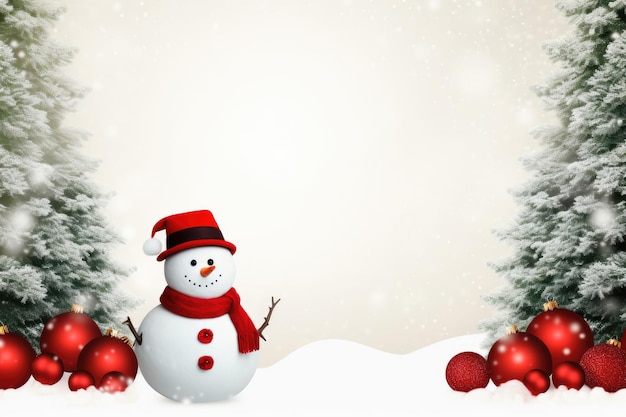 Weihnachtskartendesign mit Schneemann und Tanne mit roten Weihnachtskugeln