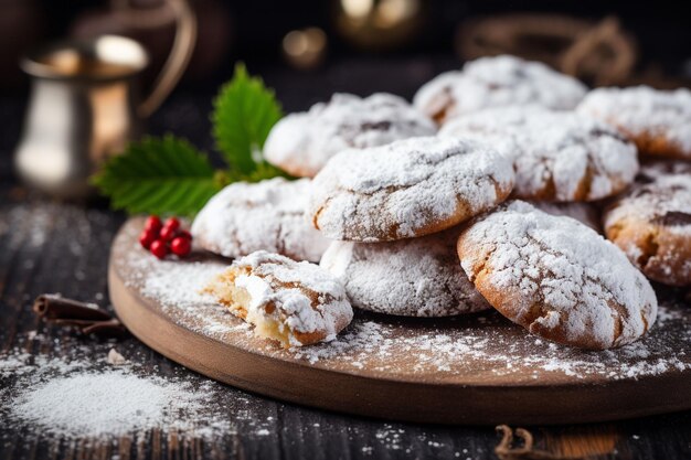 Weihnachtskekse mit Zuckerpulver auf einem Holztisch