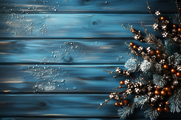 Weihnachtskiefernbaum und Kiefernblattdekoration auf blauem Vintage-Holzboden Generative KI-Illustration
