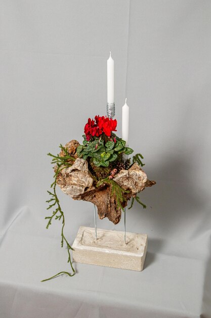 Weihnachtskomposition aus Blumen und Weihnachtsschmuck