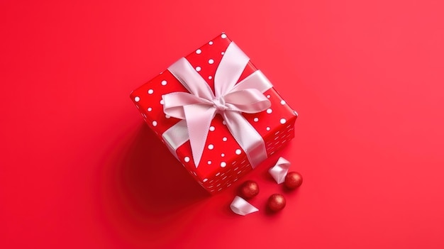 Weihnachtskomposition Geschenkbox Weihnachtsdekorationen auf rotem Hintergrund Generative KI