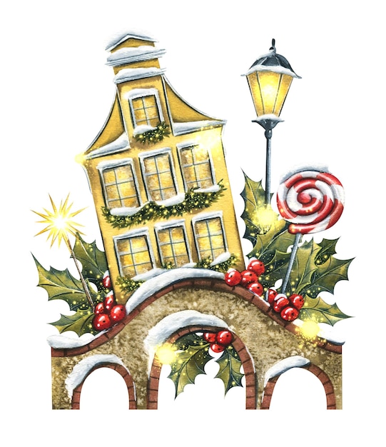 Weihnachtskomposition isoliert auf weißem Hintergrund mit europäischem Haus, Steinbrücke, Laternen, Lutschern und Holly Handgezeichnete Aquarellillustration für Postkarten, Poster, Aufkleber
