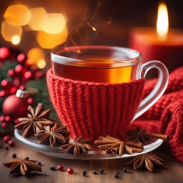 Weihnachtskomposition mit einer Tasse Teegewürzen auf einem gestrickten Element-Weihnachtsgetränk-Hintergrund