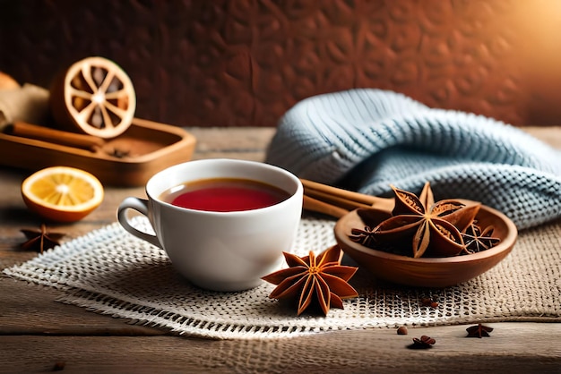 Weihnachtskomposition mit einer Tasse Teegewürzen auf einem gestrickten Element