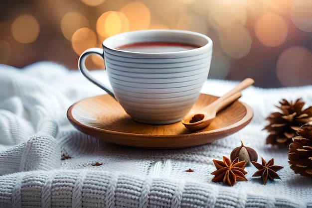 Weihnachtskomposition mit einer Tasse Teegewürzen auf einem gestrickten Element