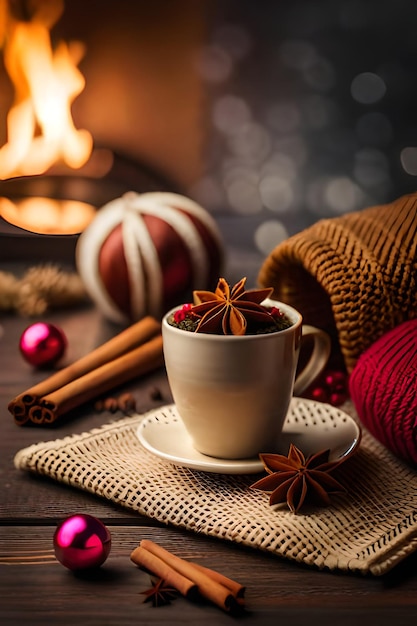 Weihnachtskomposition mit einer Tasse Teegewürzen auf einem gestrickten Element