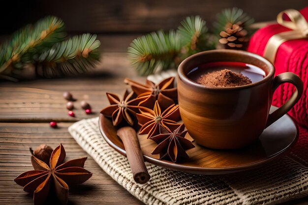 Weihnachtskomposition mit einer Tasse Teegewürzen auf einem gestrickten Element