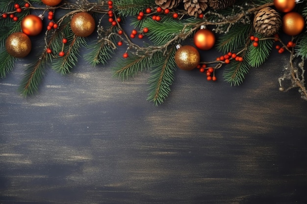 Weihnachtskomposition mit Geschenkboxen, Kartenbällen, Tannenzweigen, Tannenzapfen mit Kopierraum Weihnachten