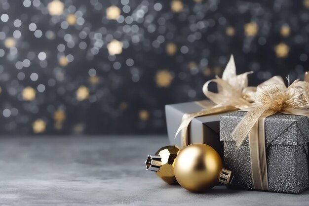 Weihnachtskomposition mit Geschenkboxen, Kartenbällen, Tannenzweigen, Tannenzapfen mit Kopierraum Weihnachten