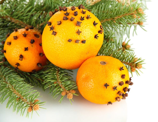 Weihnachtskomposition mit Orangen und Tanne, isoliert auf weiß