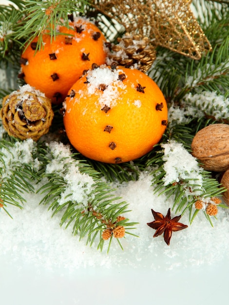 Weihnachtskomposition mit Orangen und Tanne, isoliert auf weiß