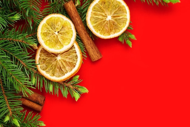 Weihnachtskomposition mit trockenen Orangen, Zimtstangen und Tannenzweigen auf Rot