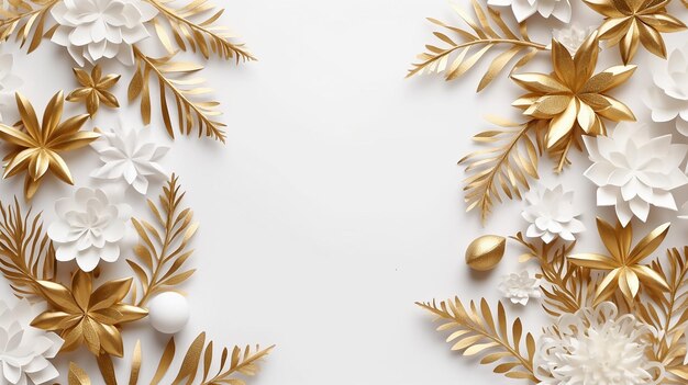 Weihnachtskomposition Papier leere Weihnachtsbaumzweige goldene Dekorationen auf weißem Hintergrund