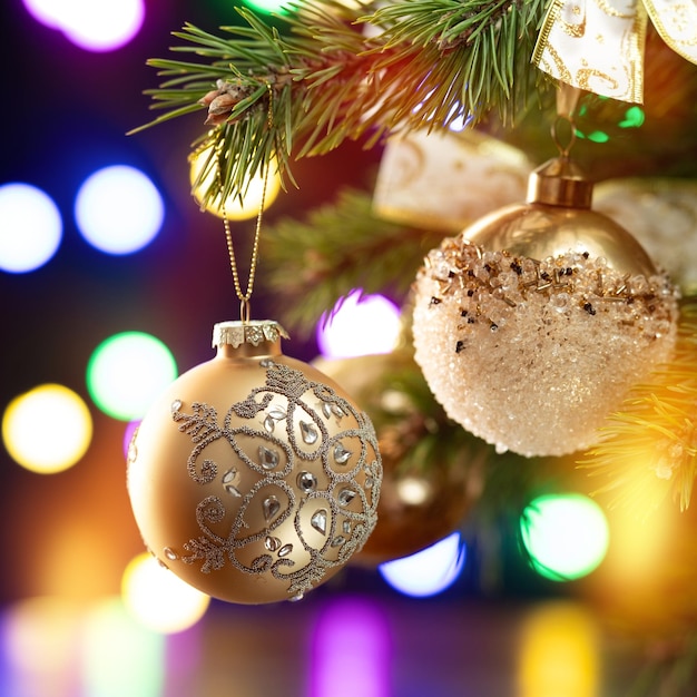 Weihnachtskomposition Schöne Kugeln auf einem Weihnachtsbaum Nahaufnahme auf einem funkelnden dunklen Hintergrund Quadratfotorientierung